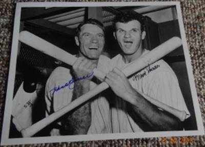 signed NY Yankees Hank Bauer and Moose Skowron holding bats and signed by both